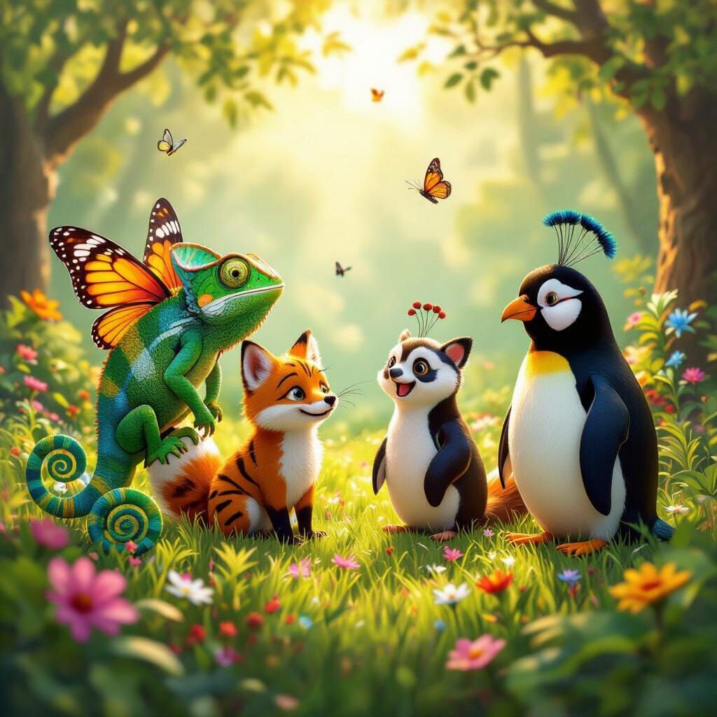 Whimsical Forest Creatures Imitating Each Other in Sunlight