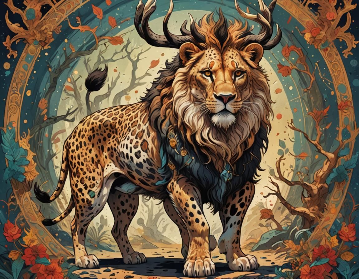 Cartoon Fantasy Lion Creature with Antlers
