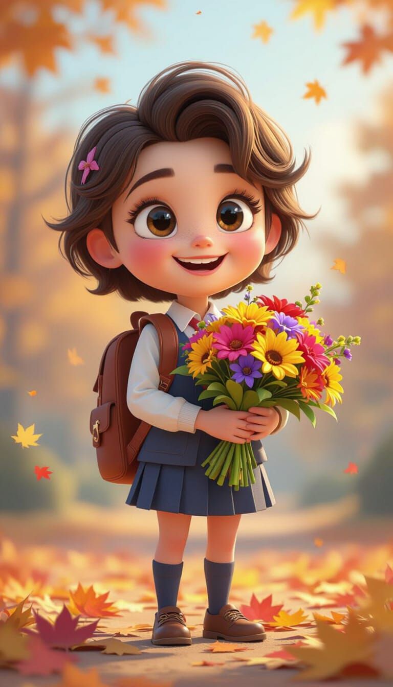 Pixar-Style Student with Autumn Bouquet in 3D