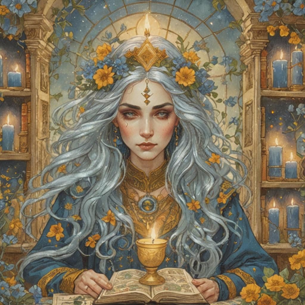 Enchantress in Flower Library with Tarot Cards
