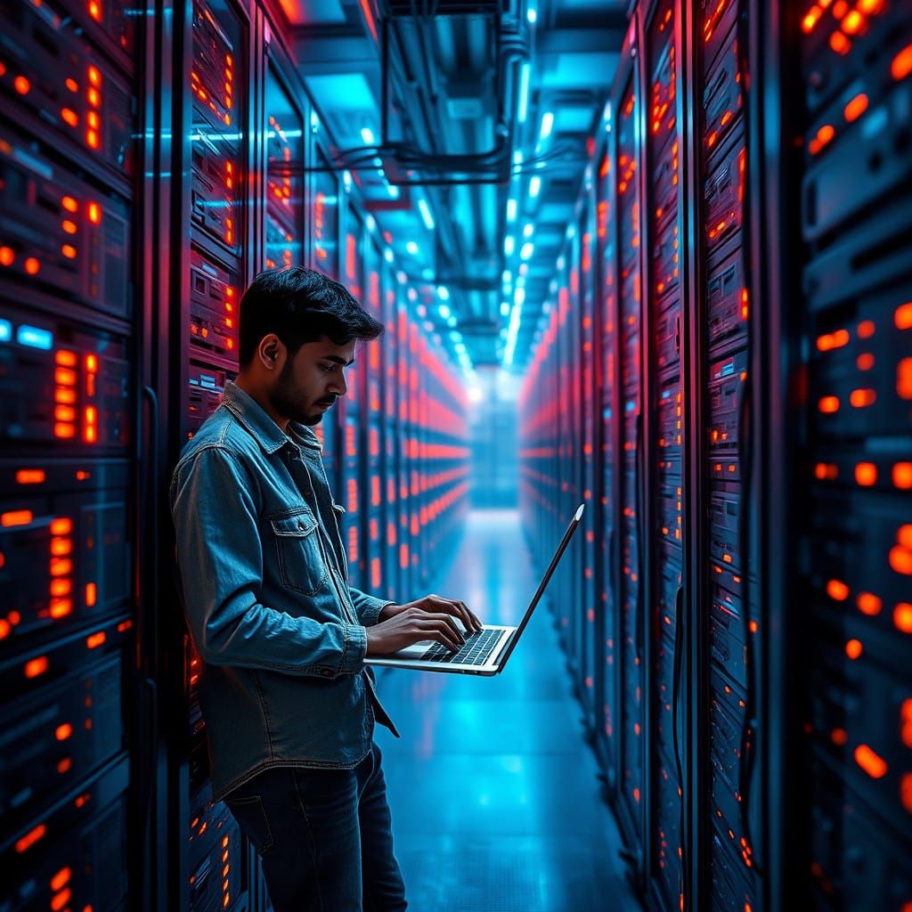 Cyberpunk Software Engineer in a Futuristic Server Room