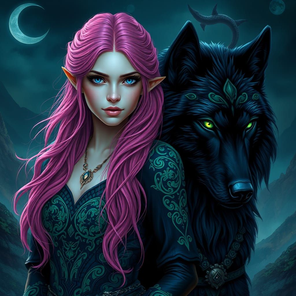 Mystical Maiden and Wolf in Matte Painting Style