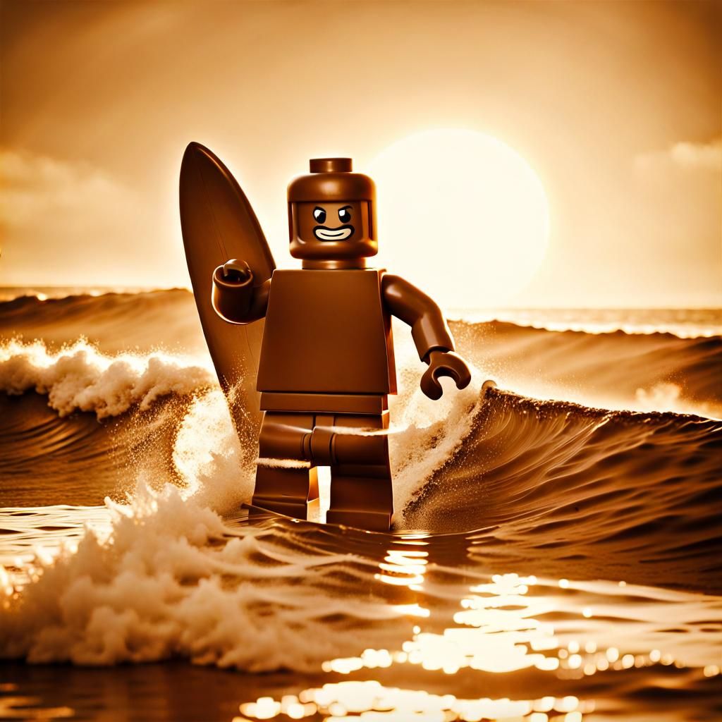 LEGO Man Surfing a Sunset Wave: Vintage Sepia