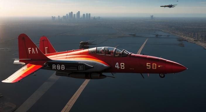 Experimental Red Fighter over Cityscape in 8K