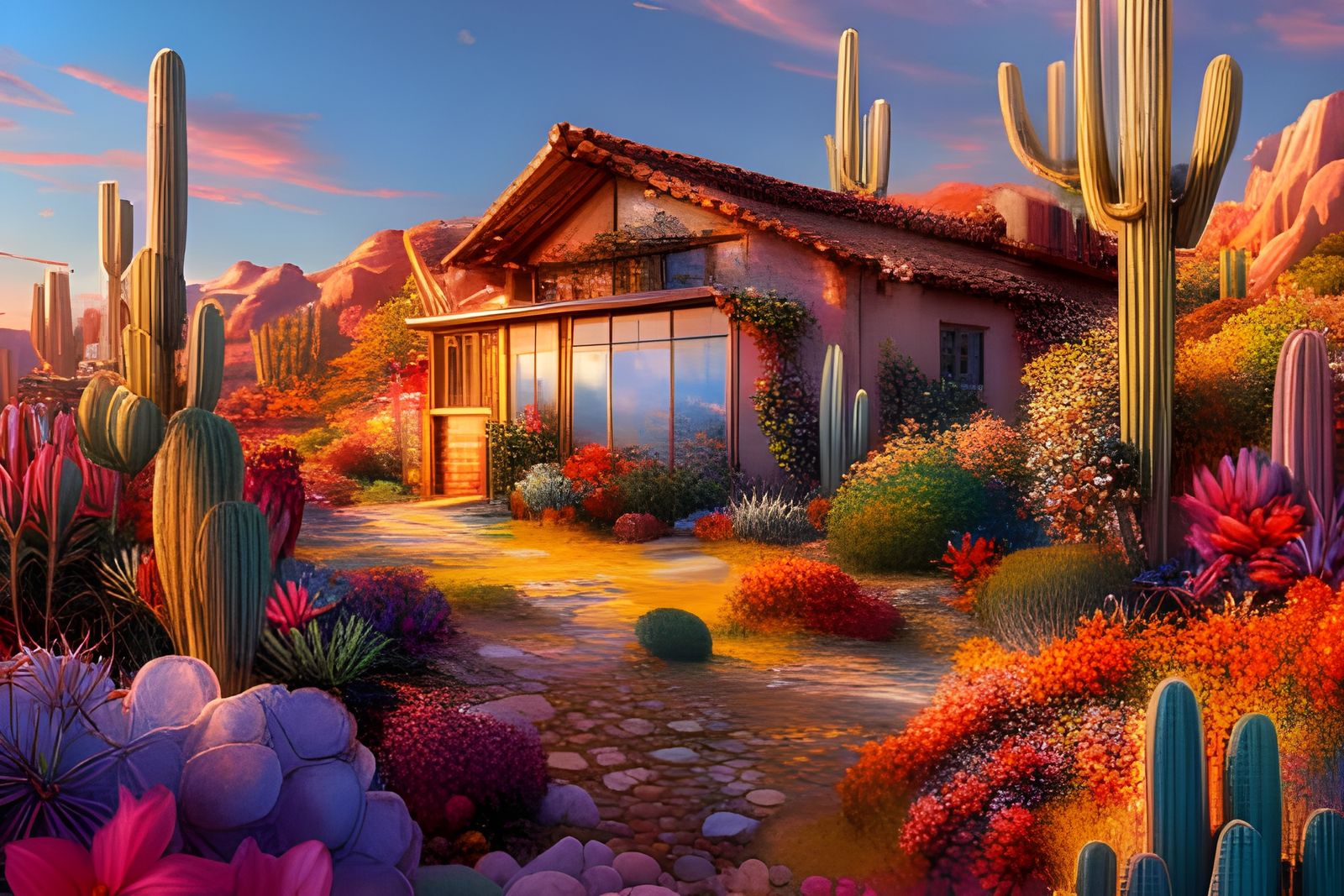 Cactus Garden with Adobe Cottage: Fantasycore Artwork