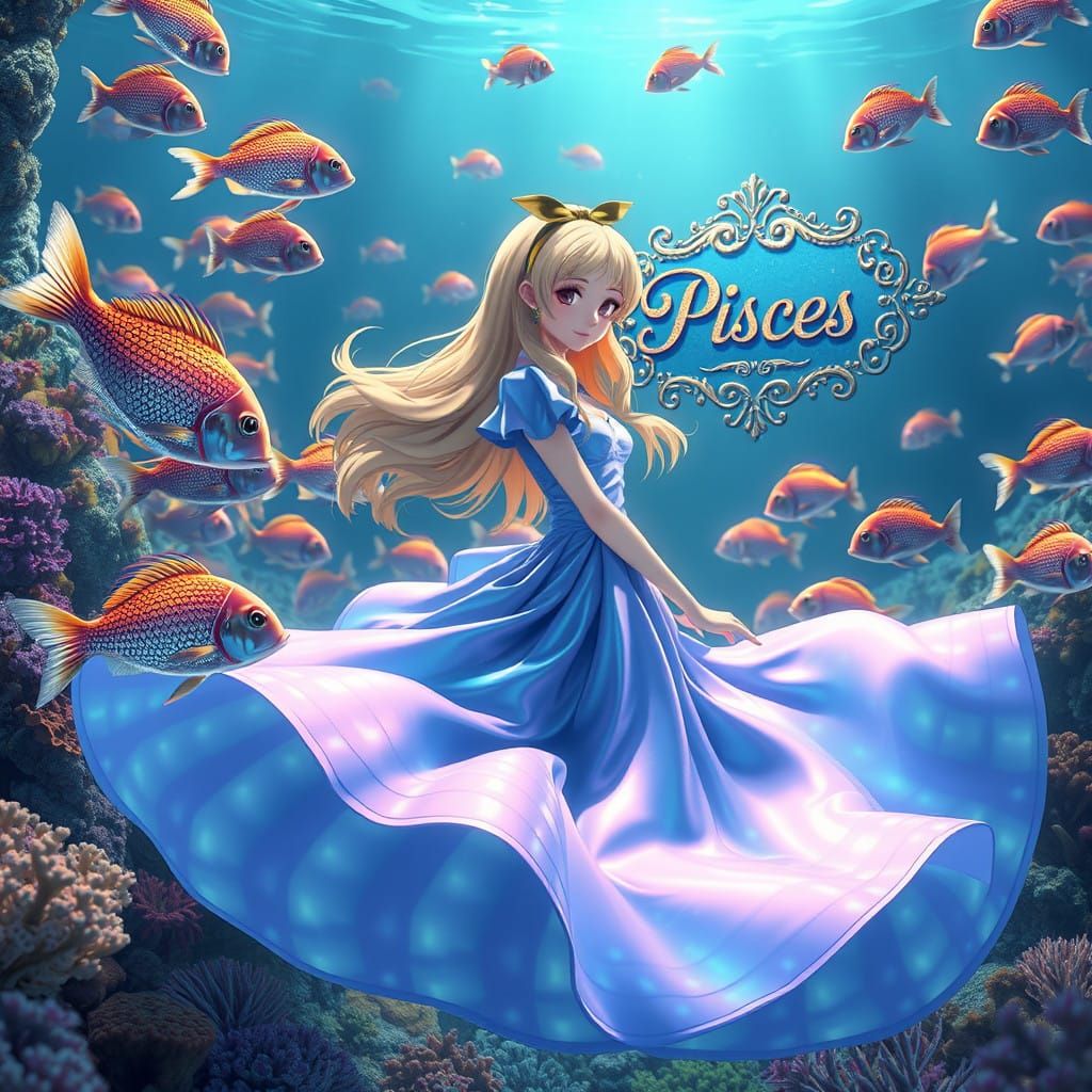 Surreal Underwater Alice in Iridescent Blue Gown with Rainbo...