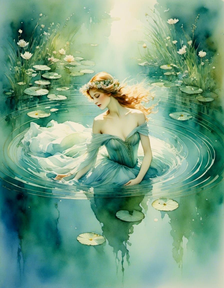 Ethereal Water Nymph Rising: Vintage Watercolor Painting