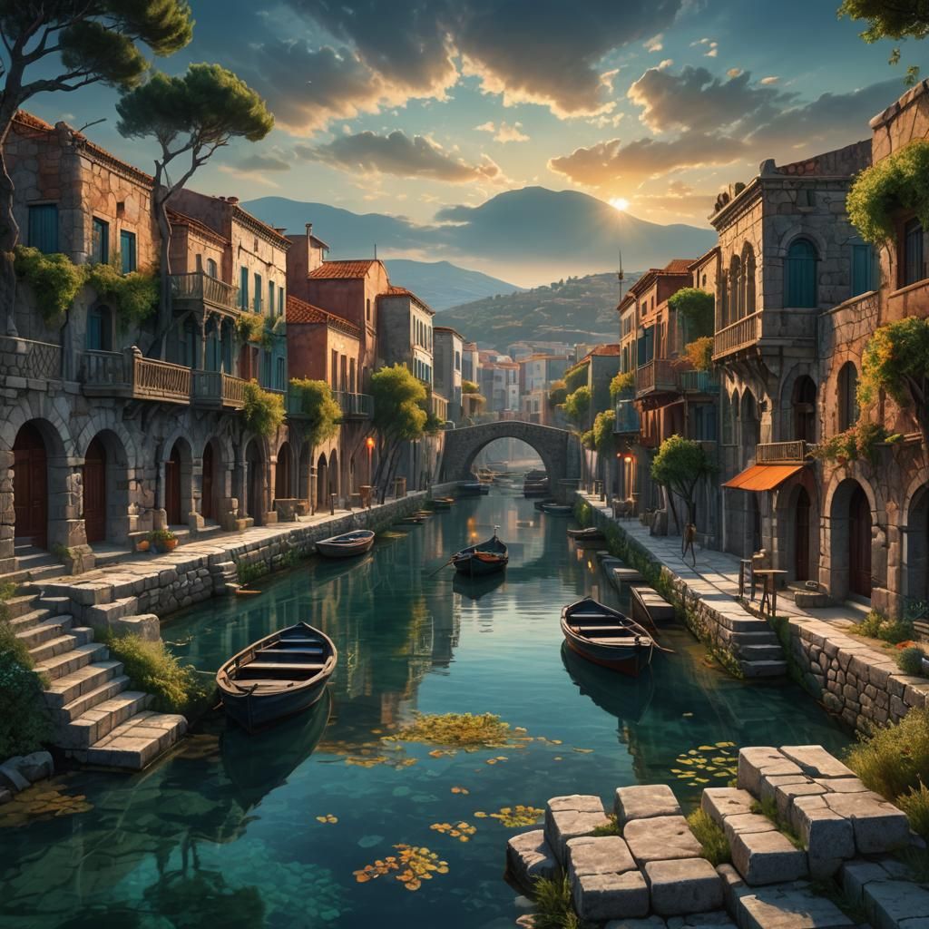 Mystical Canal of Ancient Mytilene: Fantasy Art