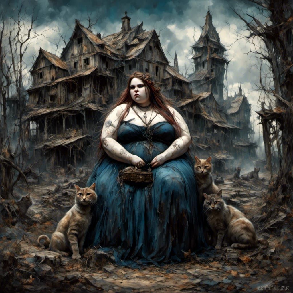 Freckled Goth Woman in War-Torn Village