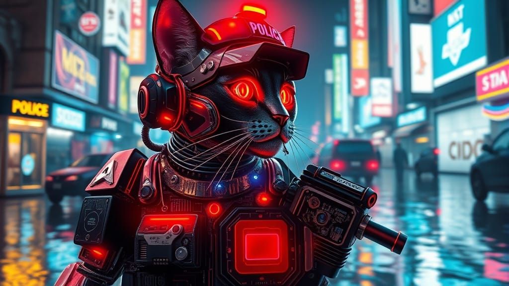 Cyberpunk Police Cat Patrolling Neon City Streets