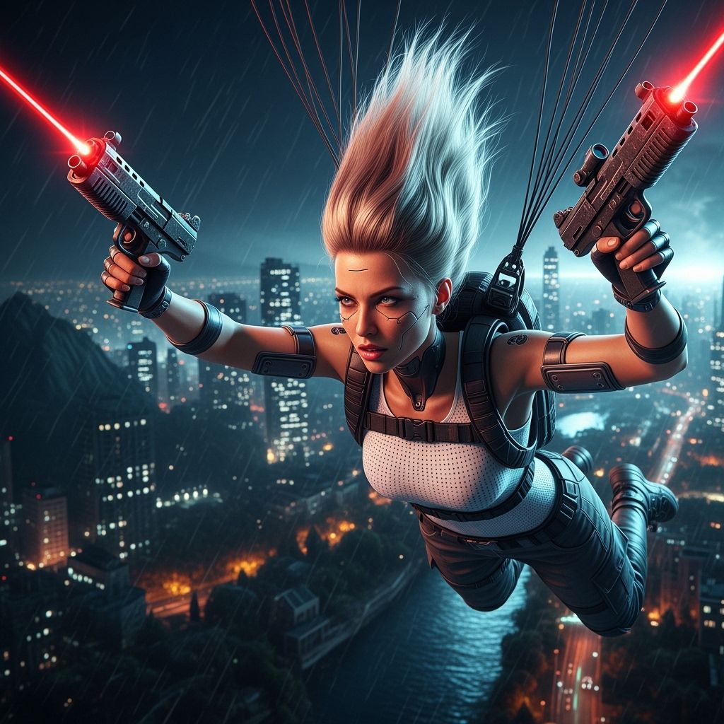 Cyborg Woman in Dynamic Wind-Swept Pose with Futuristic Weap...