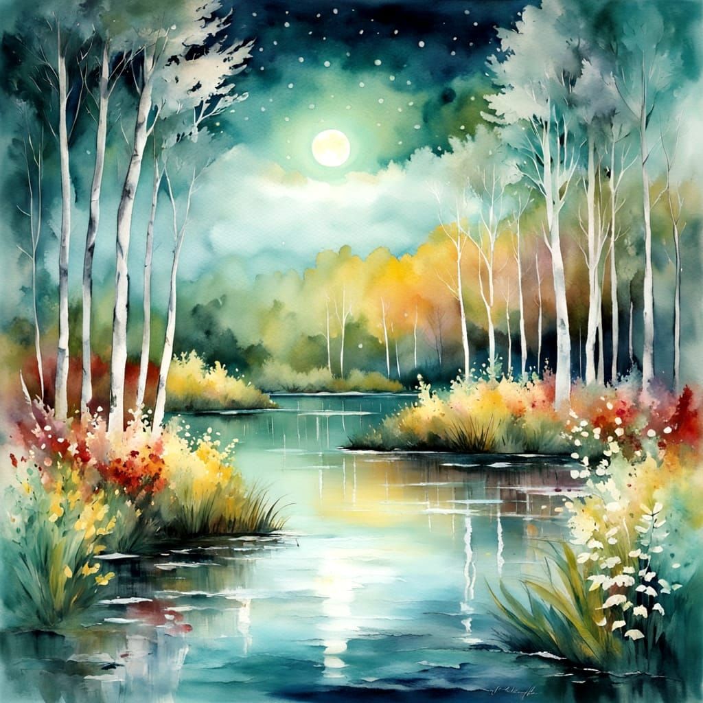 Dreamy Landscape with Lake and Wooden Boat