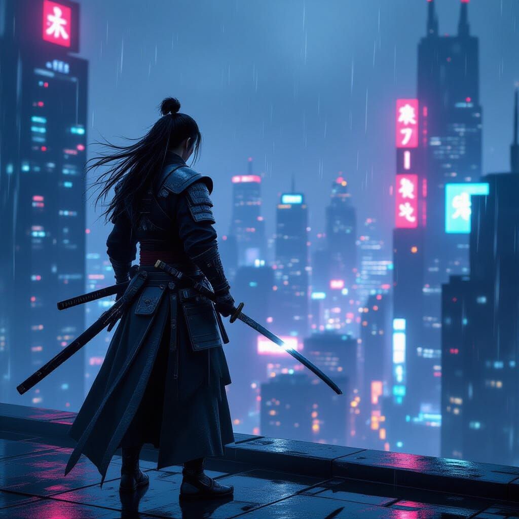 Cyberpunk Samurai on Skyscraper Rooftop Overlooking Neon Cit...