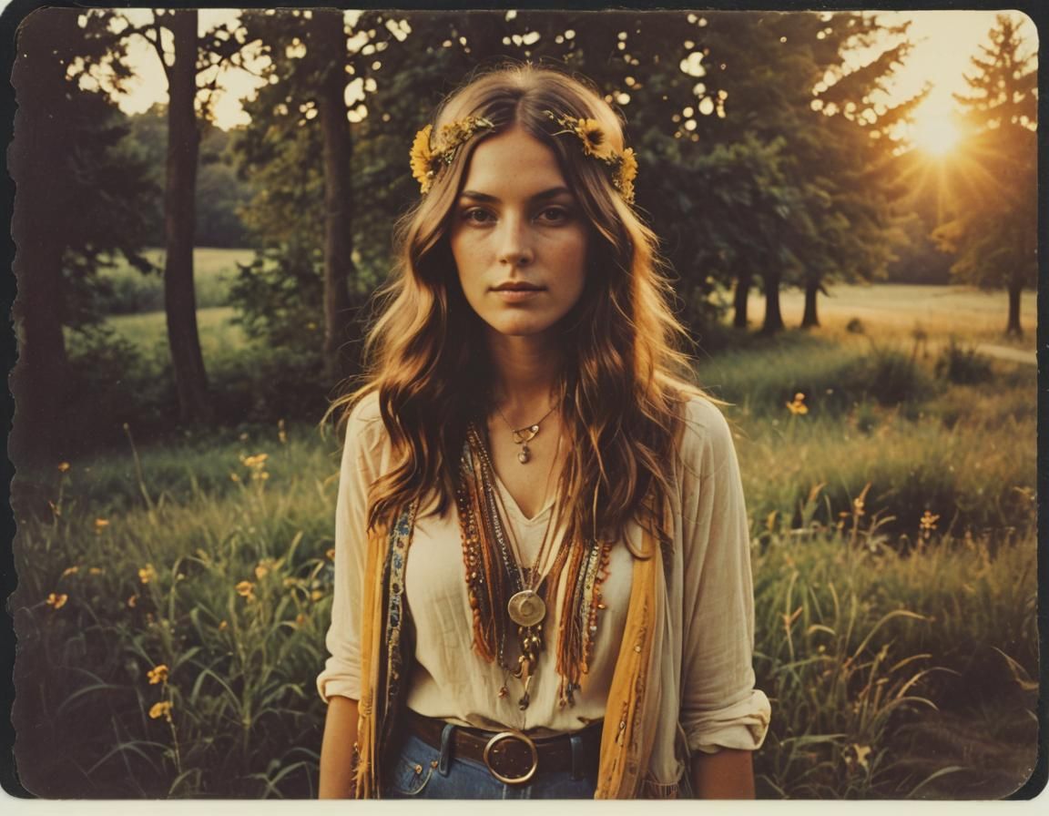 Hippie Woman in 60s Fashion, Polaroid Style
