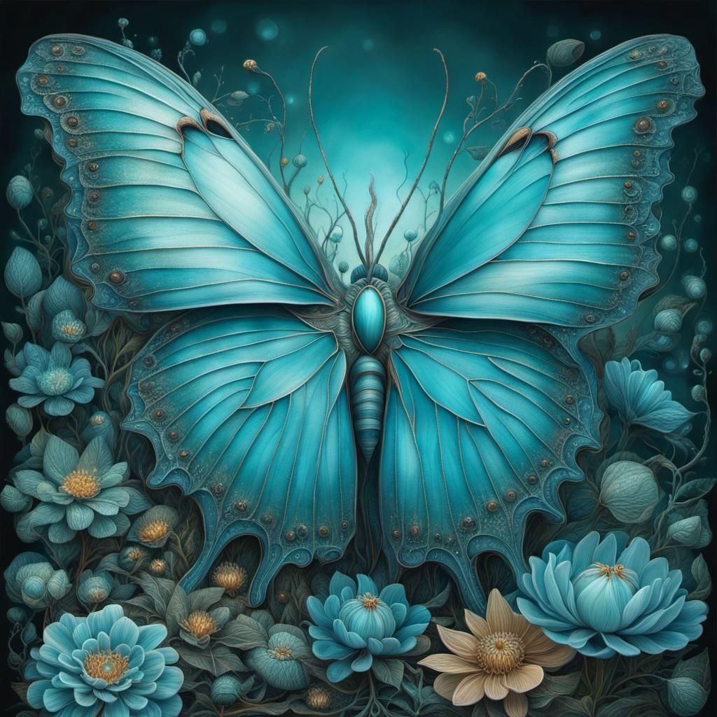 Turquoise Butterfly in Magical Realism Luminism