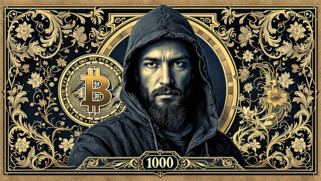 Bitcoin Note Featuring Satoshi Nakamoto in Ash Thorp Style