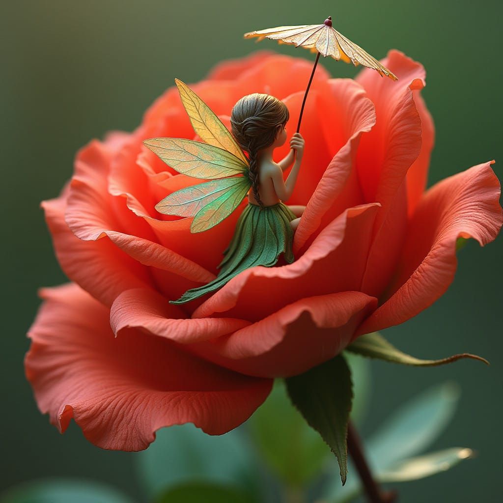 Fairy Protected by Red Rose and Umbrella in Art Nouveau Styl...