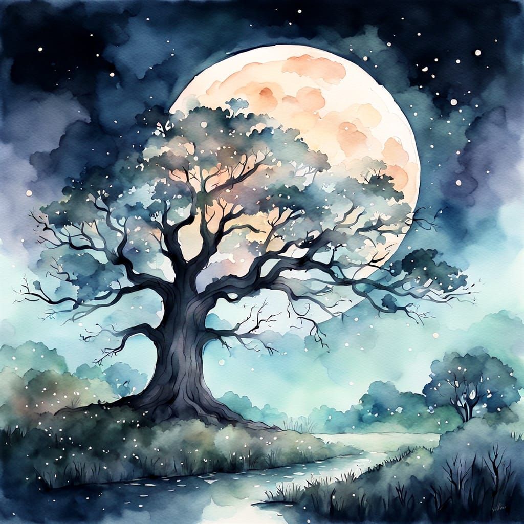 Majestic Oak Tree Under Moonlight, Watercolor Style