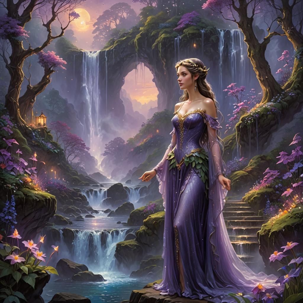 Elf Woman in Fairytale Forest at Twilight
