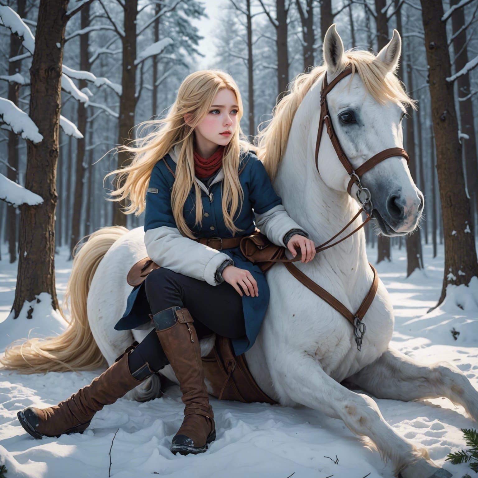 Anime Girl with Injured Leg and Scared Horse