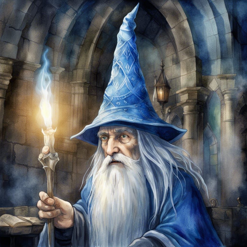 Merlin in Medieval Castle: Digital Watercolor