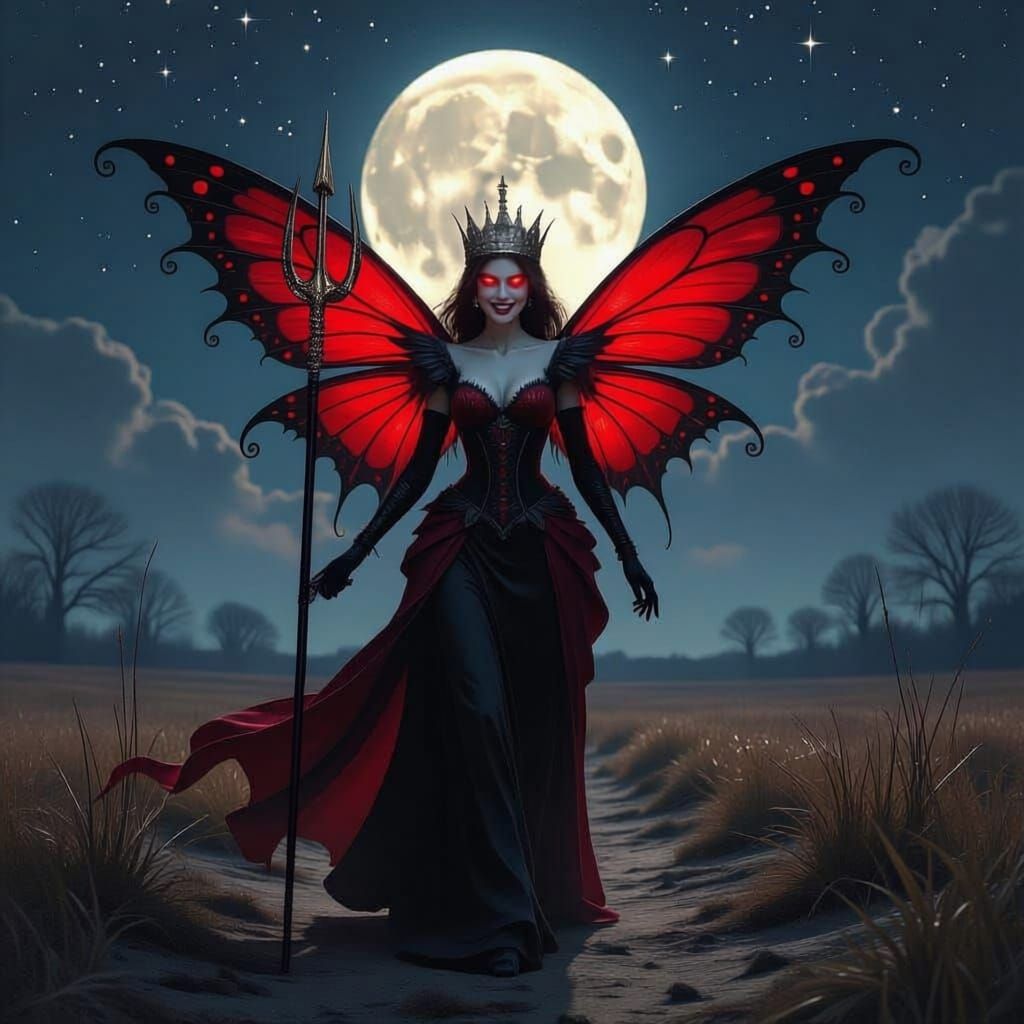Evil Fairy in Dead Plain Under Crescent Moon