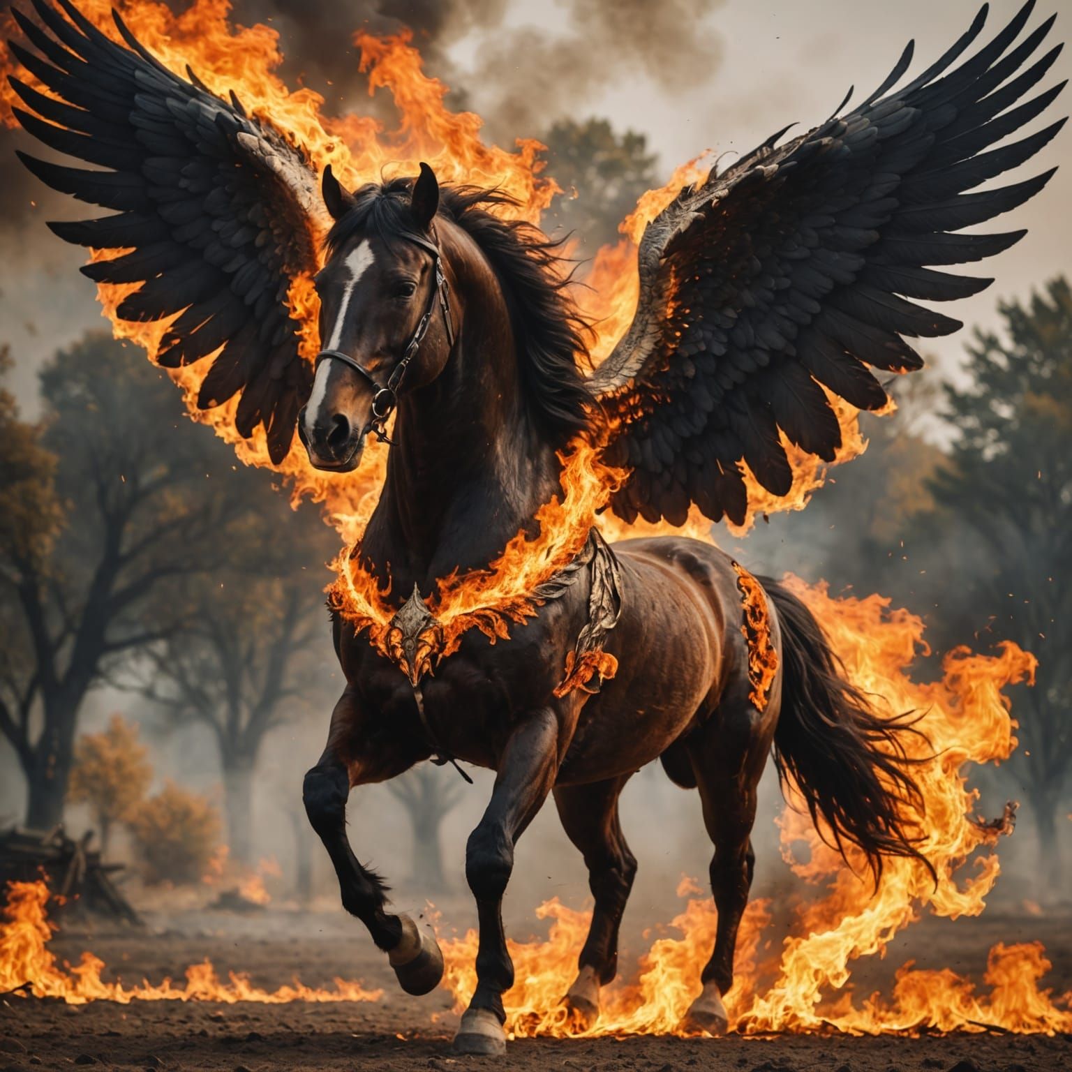 Majestic Winged Stallion Erupts in Fiery Blaze