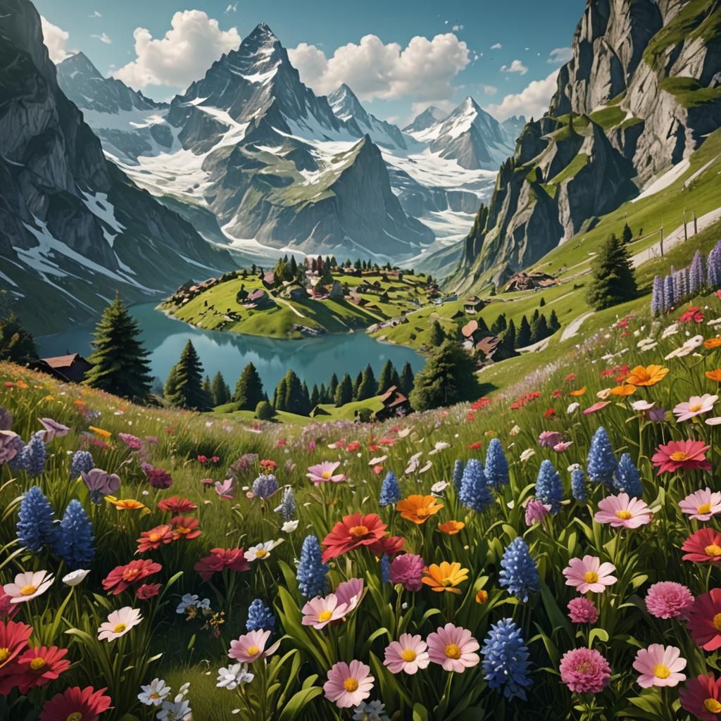 Realistic Swiss Alps with Flowers, Detailed Matte Painting