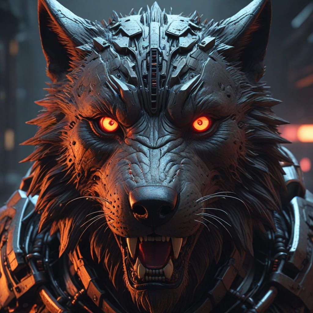 Cyberpunk Wolf Mech Emerges from Neon Shadows