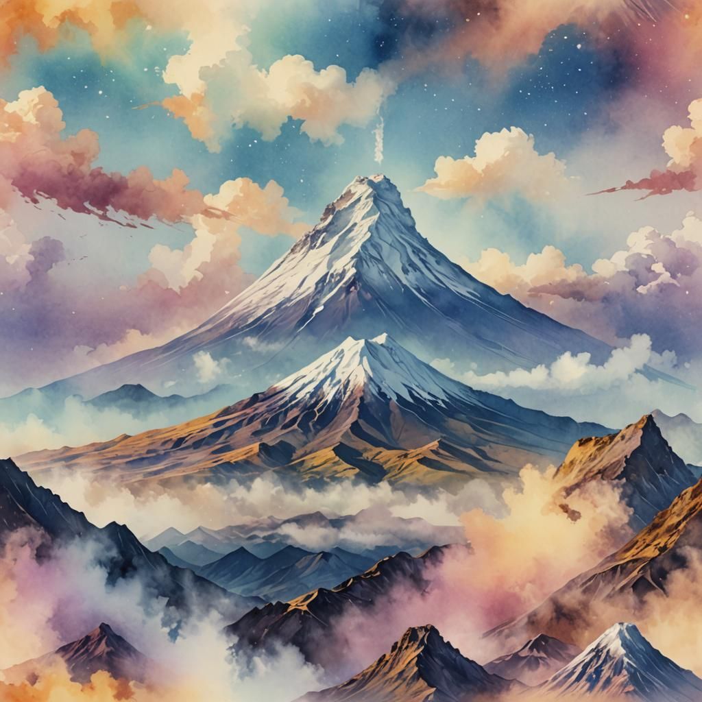 Mount Taranaki in Light Watercolor, Pastel Colors