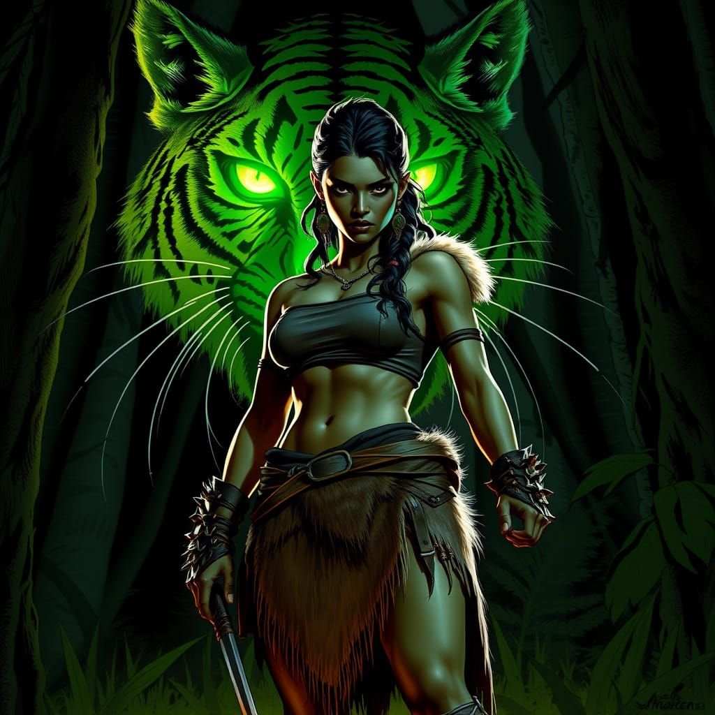 Half-Orc Warrior with Mayan Loincloth in Moonlit Forest