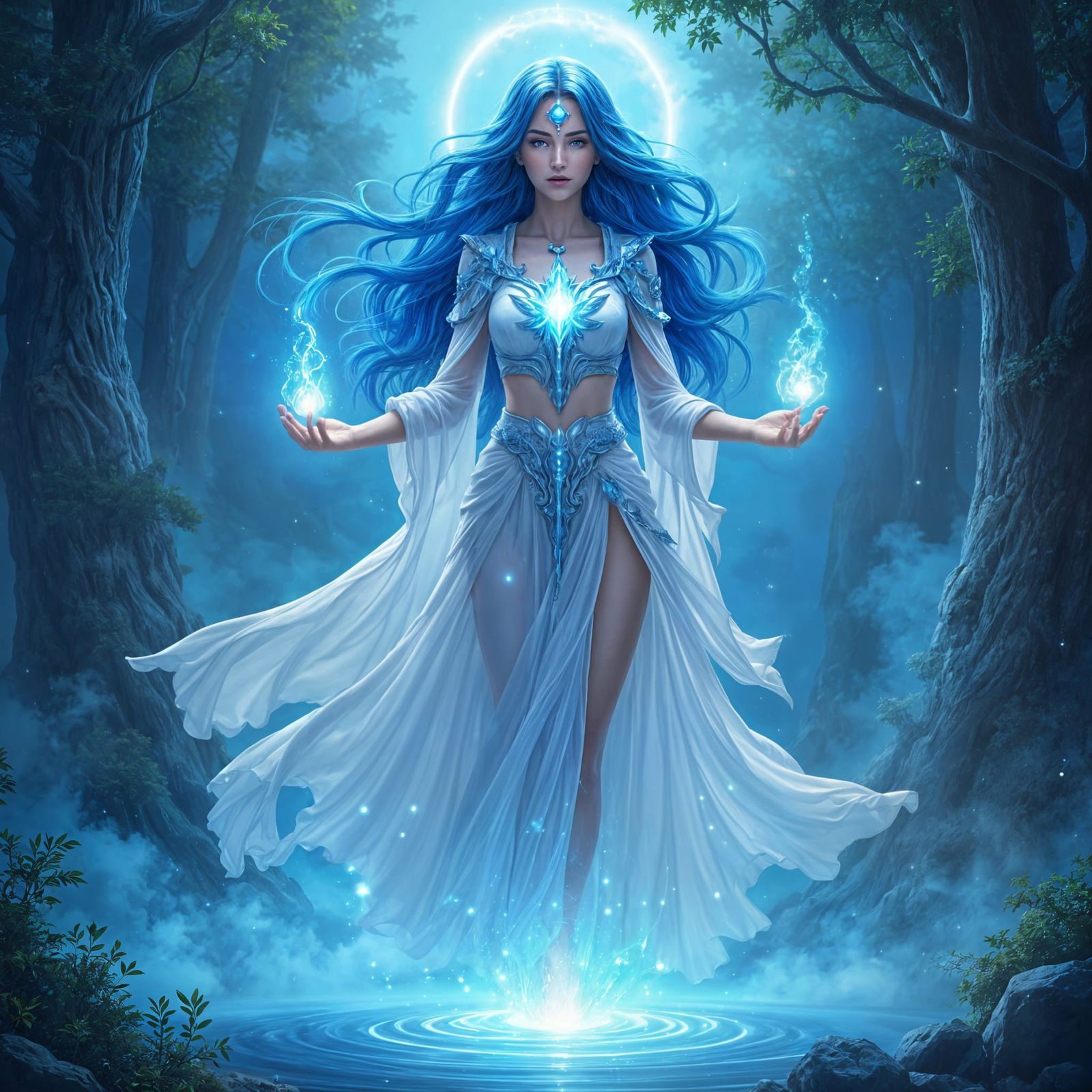 Serene Azure Guardian with Healing Aura and Divine Flames