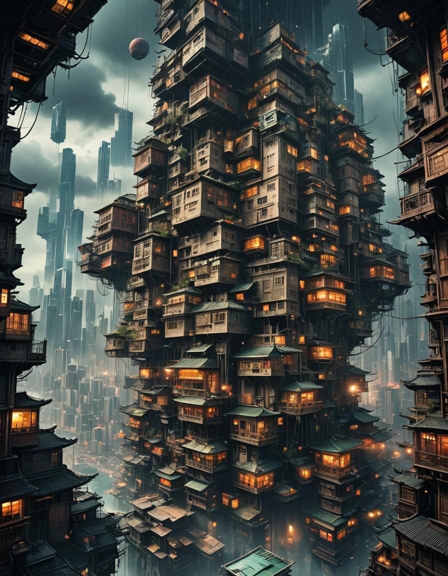 Dark Fantasy Kowloon-Inspired City in the Sky