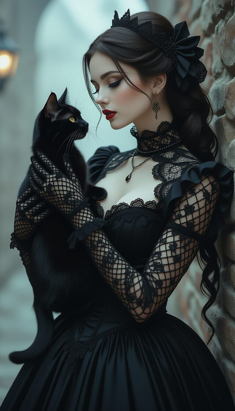 Goth Woman Whispering to Black Cat in Atmospheric Style