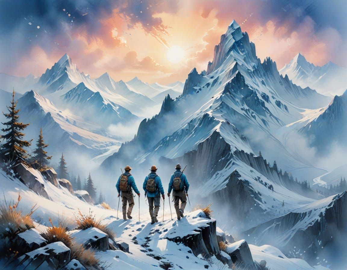 Explorers on Mountain Trail Oil Painting