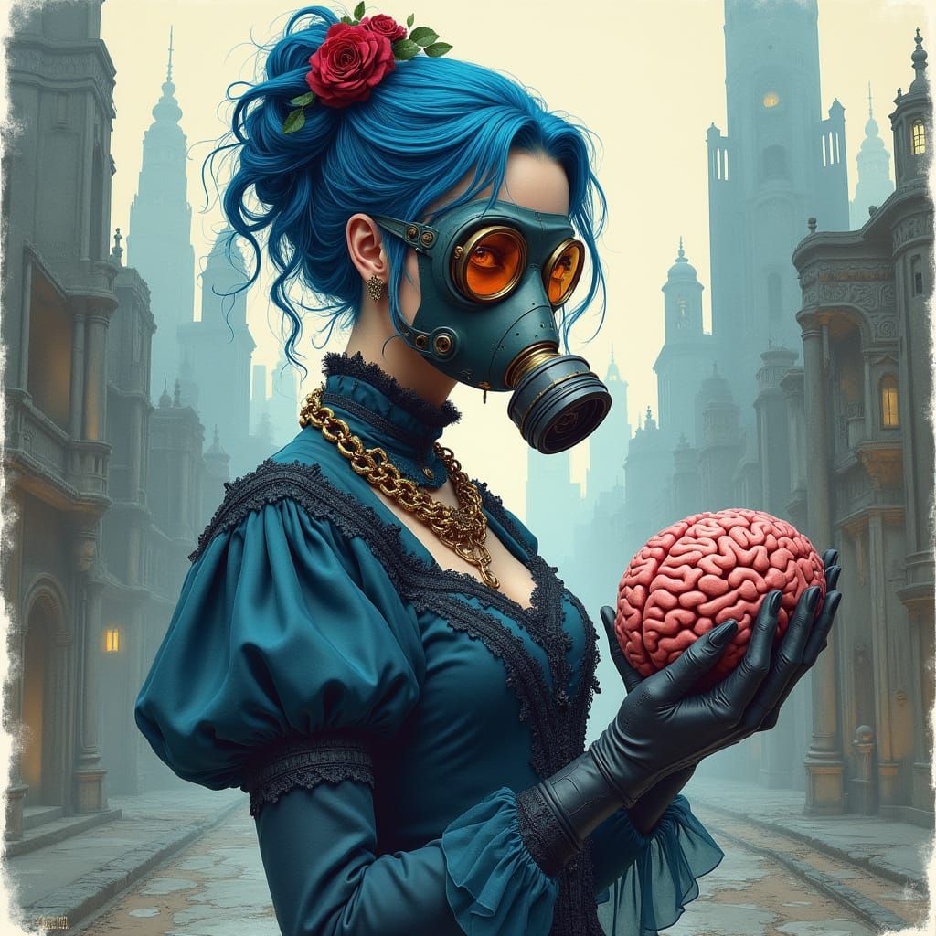 Gothic Woman in Victorian Dress Holds Brain in Ruined City