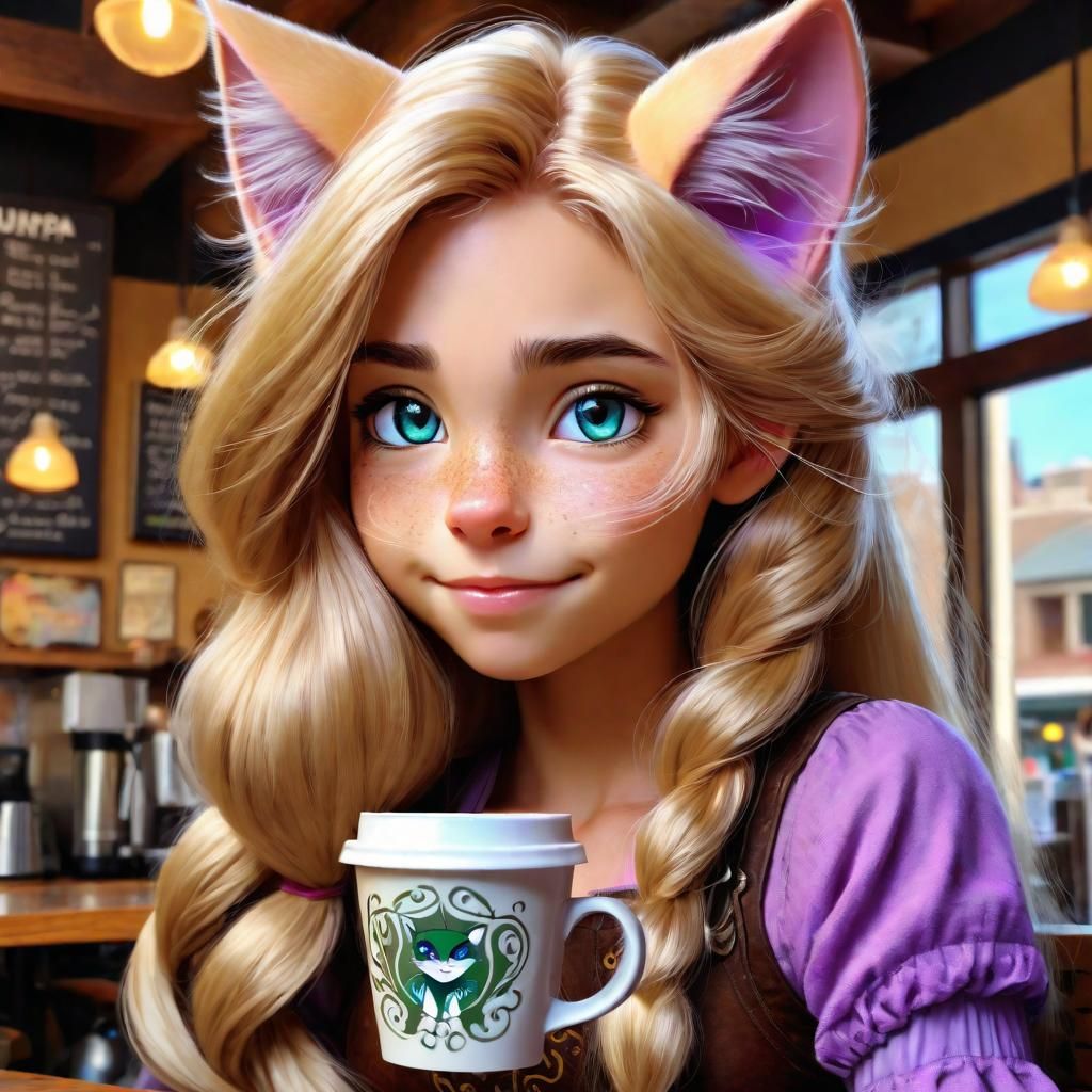 Cute Catgirl Portrait in Coffee Shop, Digital Art