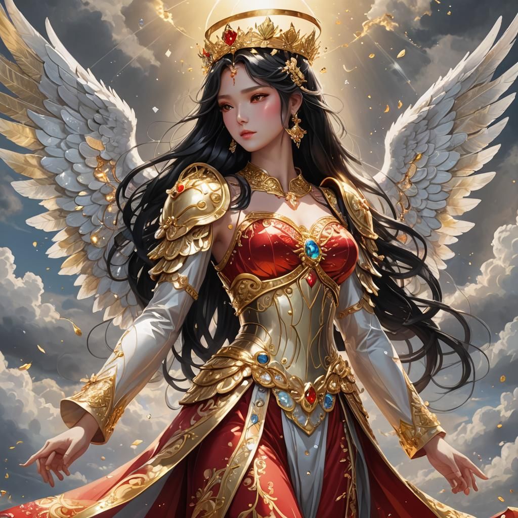 Anime Angel with Golden Wings and Crown