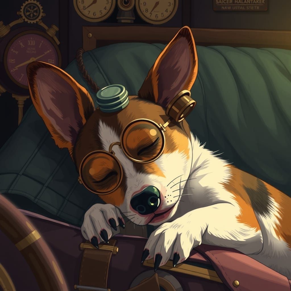 Movie poster for a steampunk jack russell terrier asleep