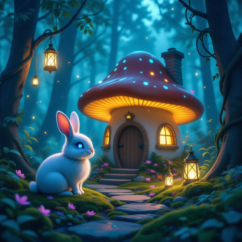 Bioluminescent Mushroom Cottage with Luminous Rabbit