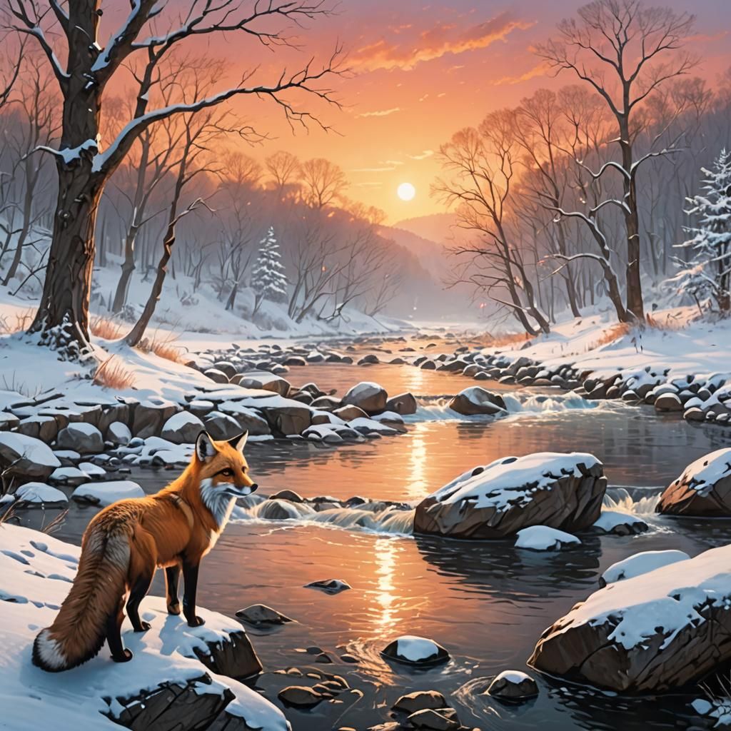 Winter Riverscape with Red Fox at Sunset
