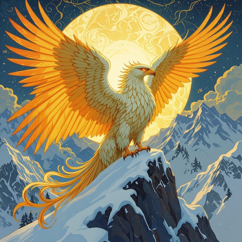Golden Griffin Perched on Snowy Peak in Art Deco Style