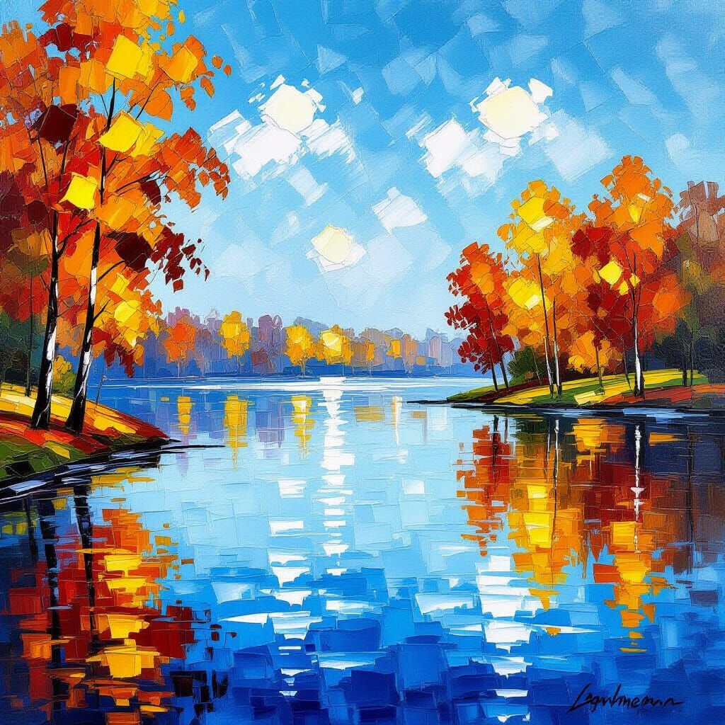 Vibrant Autumn Lake Landscape Impasto Oil Painting