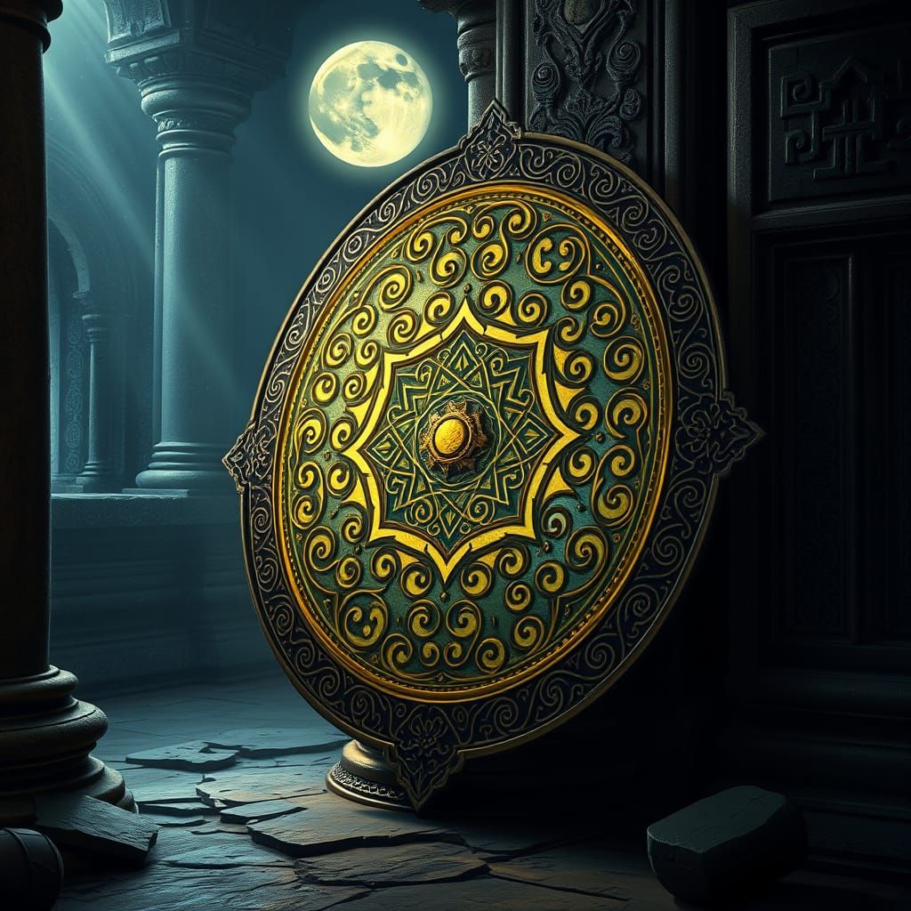 Divine Indian Shield Adorned with Ancient Mystical Symbols