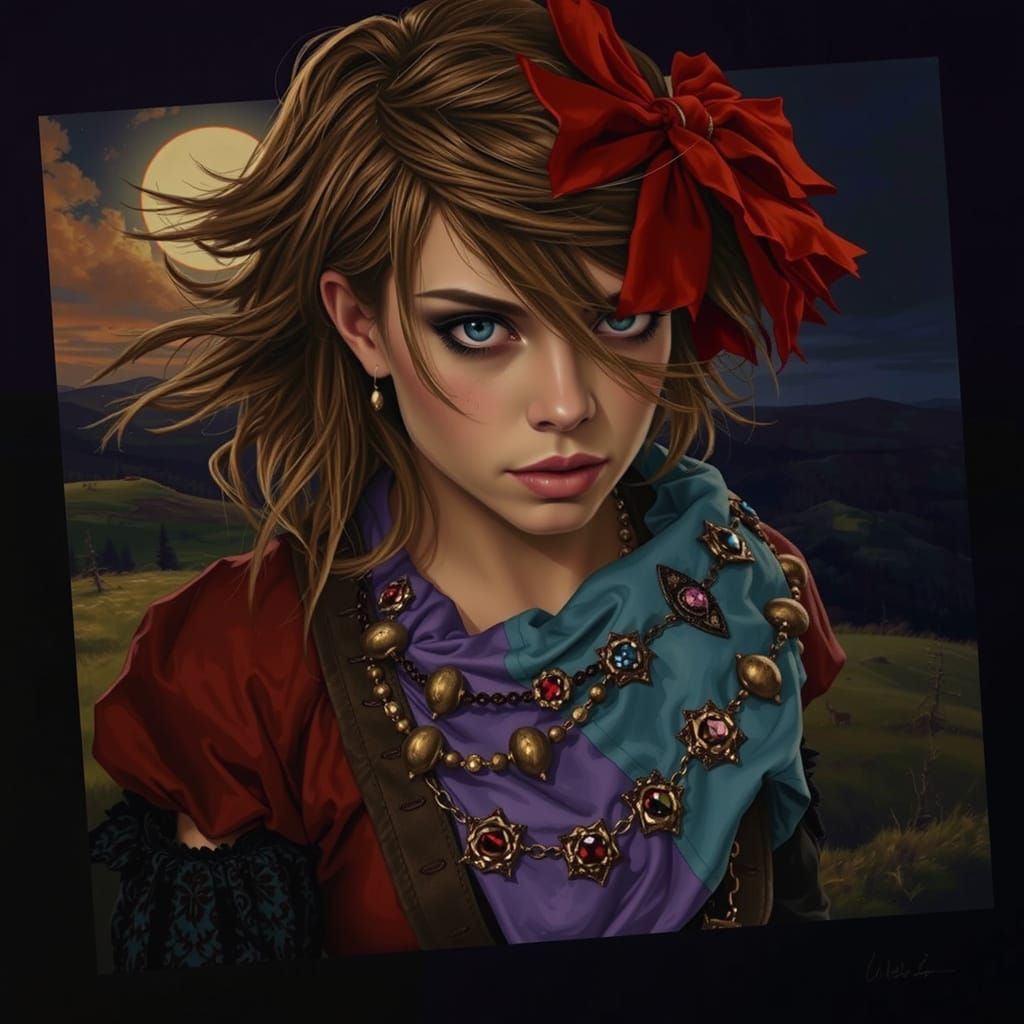 Woman on Windswept Moor in Expressive Oil Painting Style