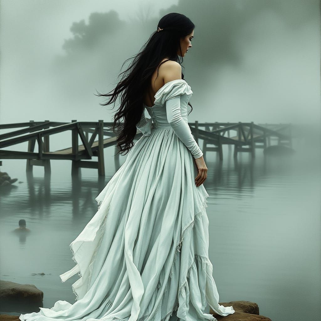 Ethereal La Llorona Silhouette in Foggy River Landscape