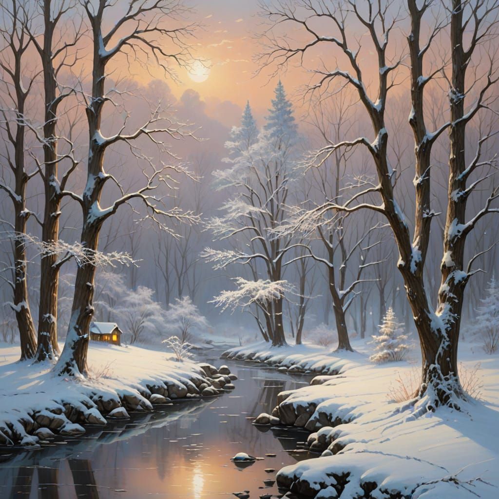Winter Woodland Enchanted Scene in Soothing Colors