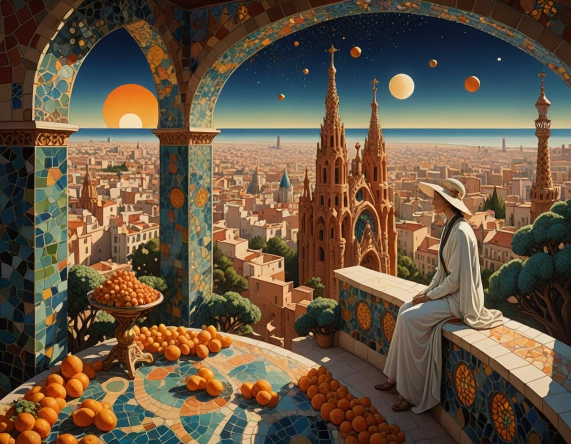 Elegant Woman on Mosaic Bench in Moebius Style