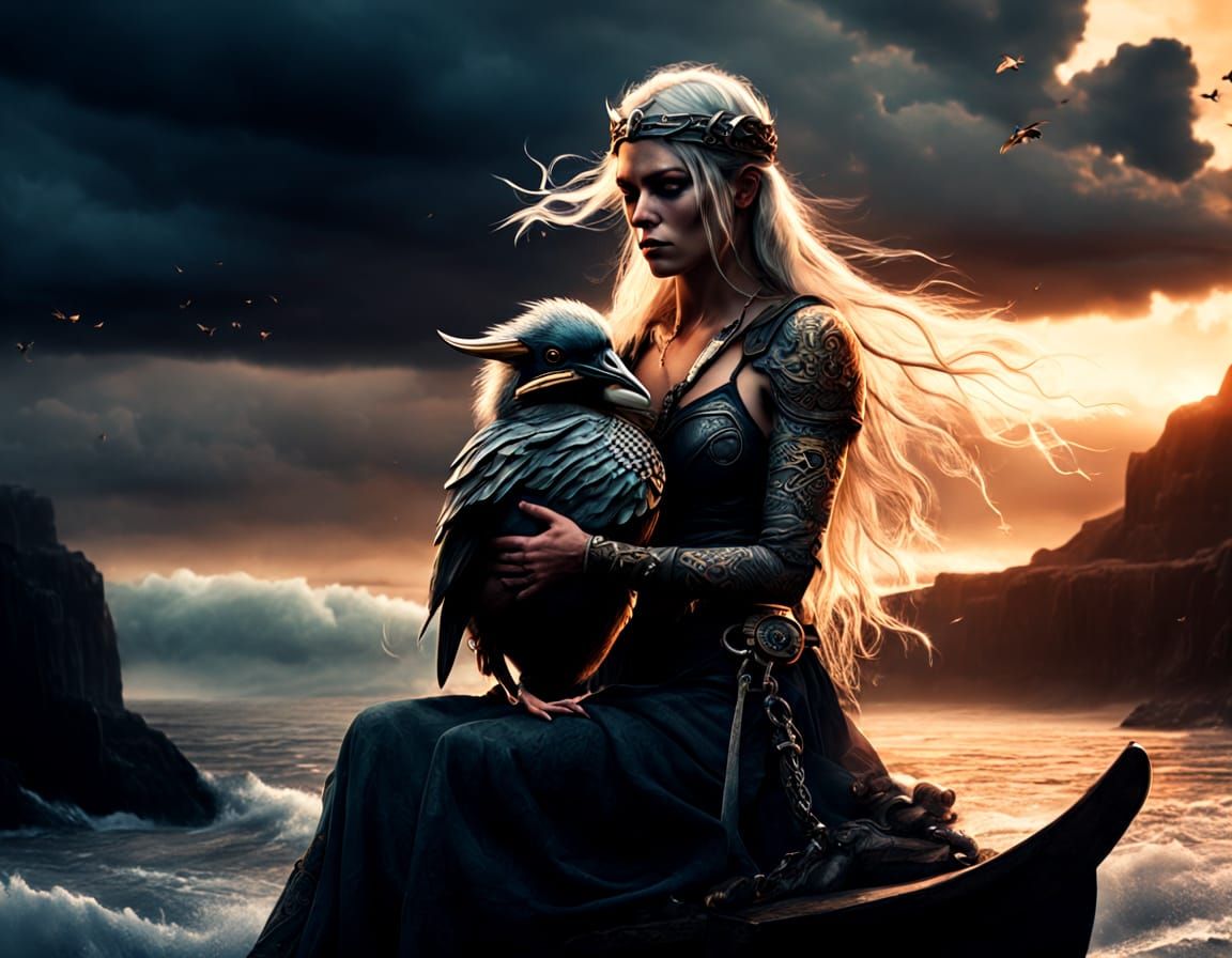 Viking Shieldmaiden with Bird: Gothic Norse Artwork