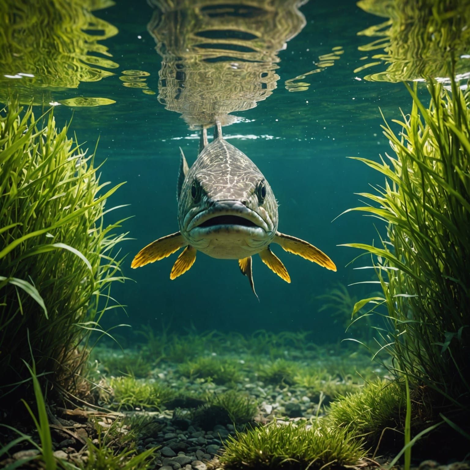 Pike Fish Hiding in Canal: Cinematic Underwater View